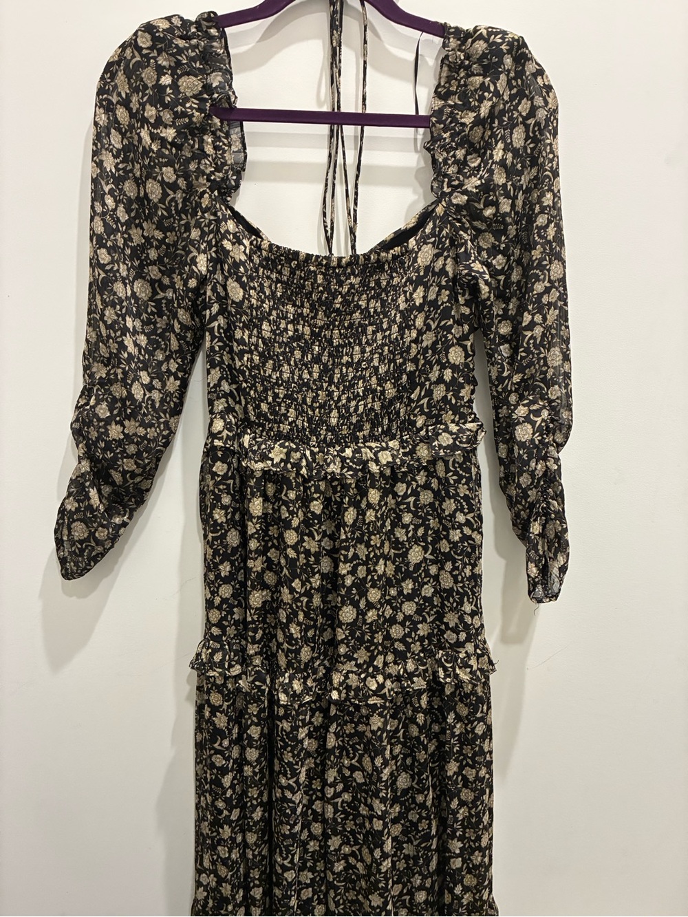 ASTR Floral Long Sleeve Black and Beige Maxi Dress bohemian lovestruck small - Picture 4 of 9